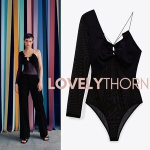 ZARA // ltd ed black semi-sheer asymmetric one sleeve strappy bodysuit